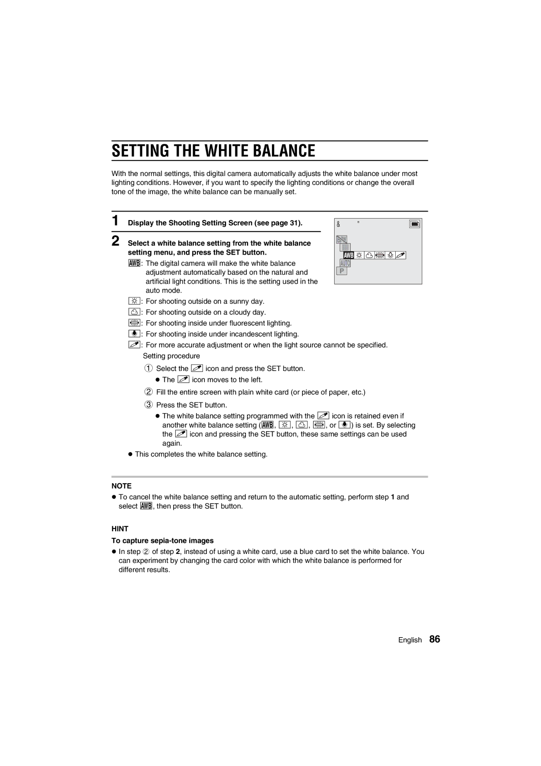 Sanyo VPC-AZ1E instruction manual Setting the White Balance, To capture sepia-tone images 