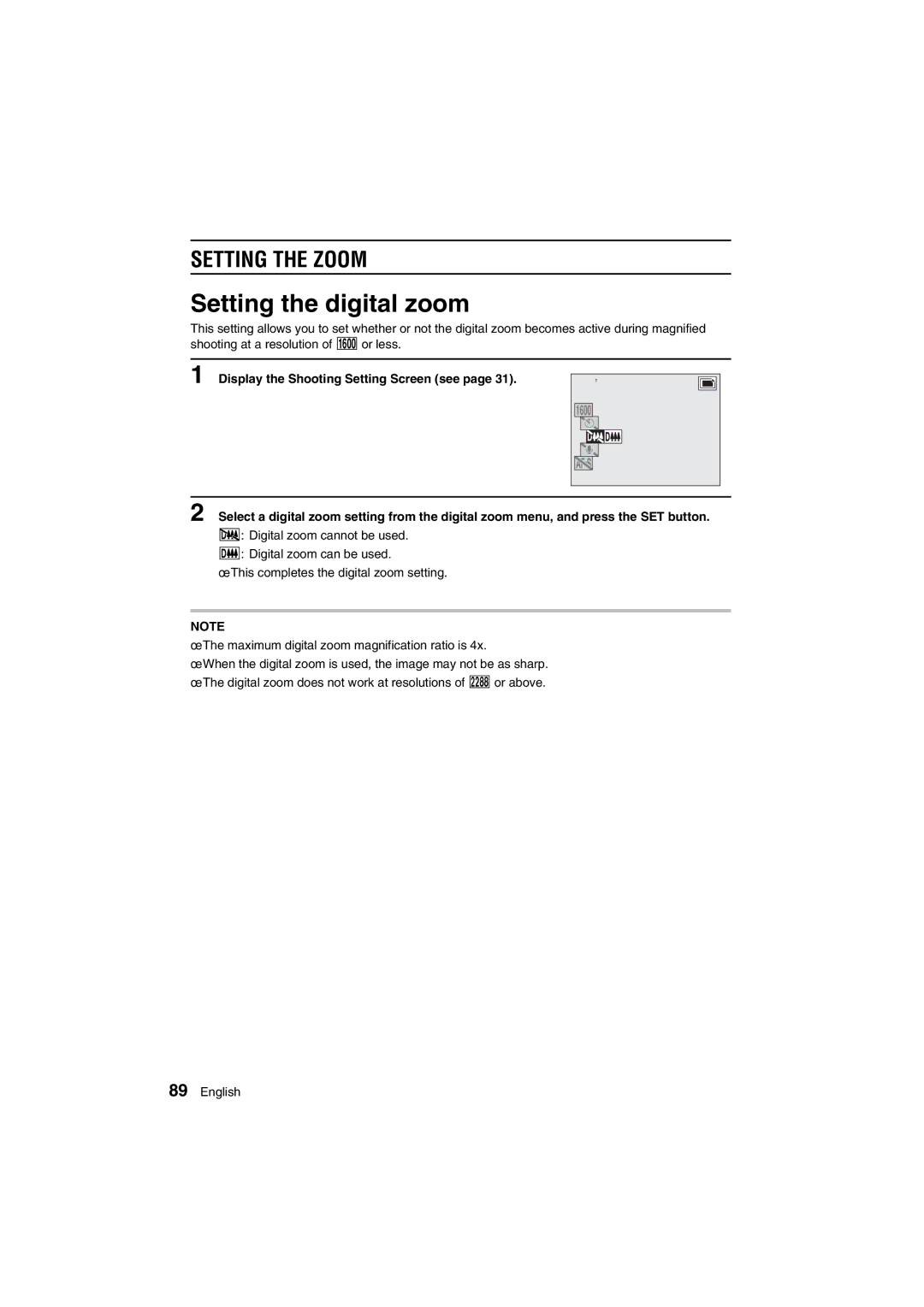 Sanyo VPC-AZ1E instruction manual Setting the digital zoom, Setting the Zoom 