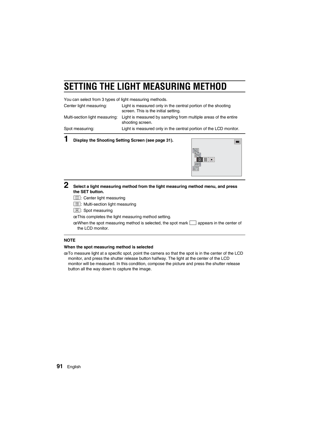 Sanyo VPC-AZ1E Setting the Light Measuring Method, EXP Measure, When the spot measuring method is selected 