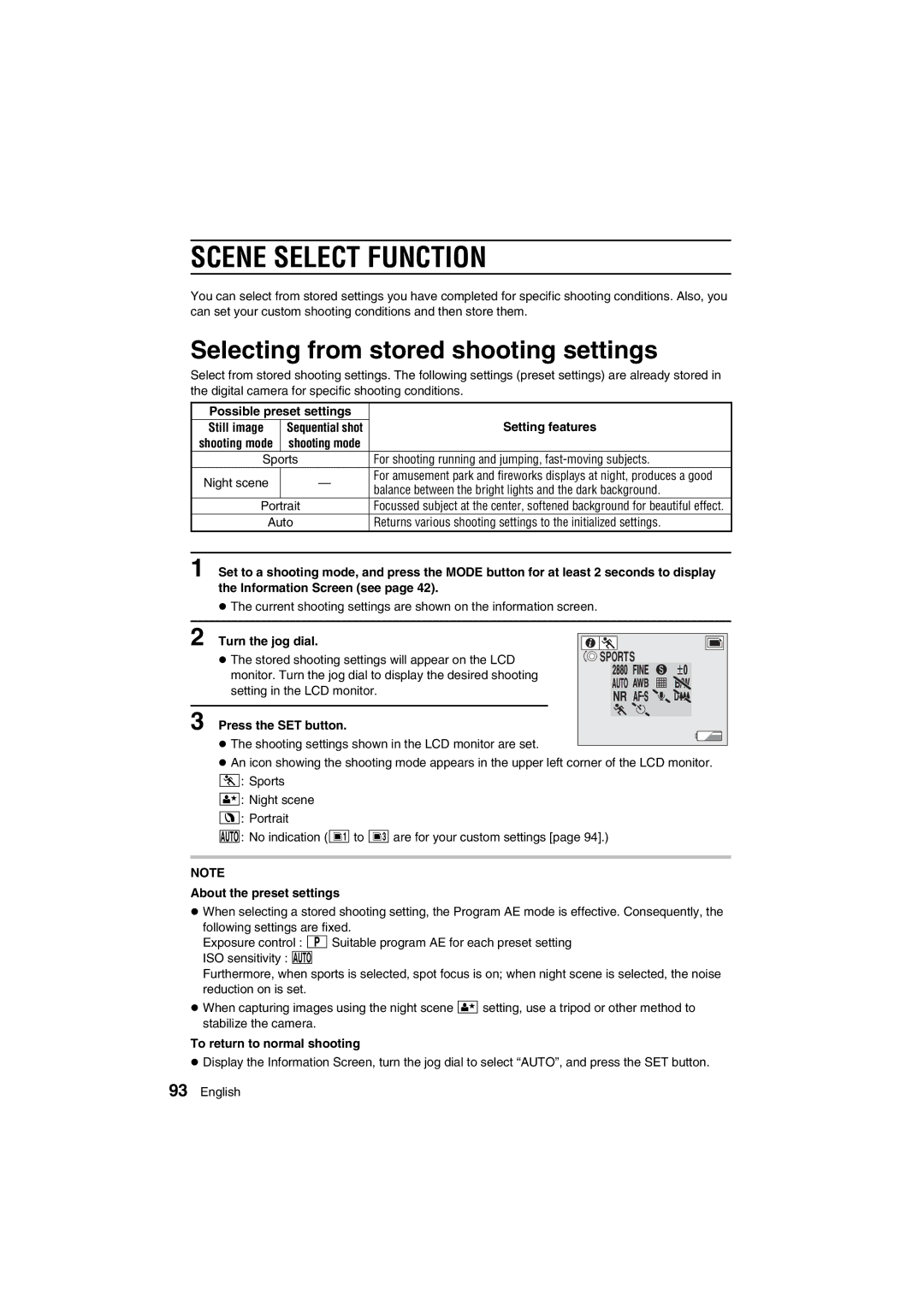 Sanyo VPC-AZ1E instruction manual Scene Select Function, Selecting from stored shooting settings 