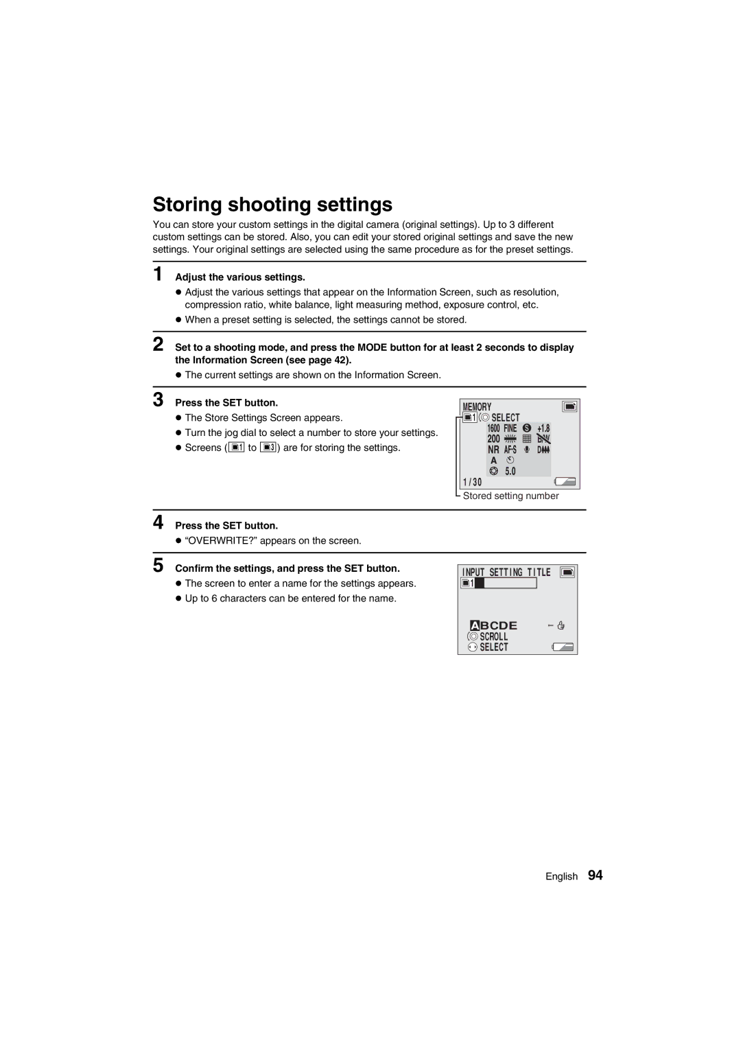 Sanyo VPC-AZ1E Storing shooting settings, Memory, Input Setting Title Abcde Scroll Select, Adjust the various settings 