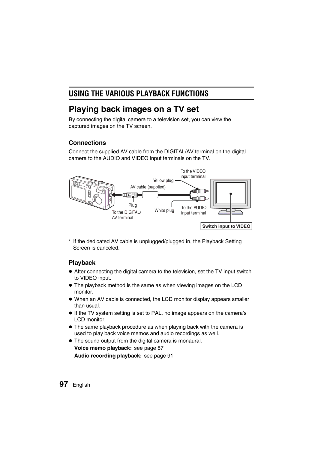 Sanyo VPC-AZ3 EX instruction manual Playing back images on a TV set, Connections, Playback, Audio recording playback see 