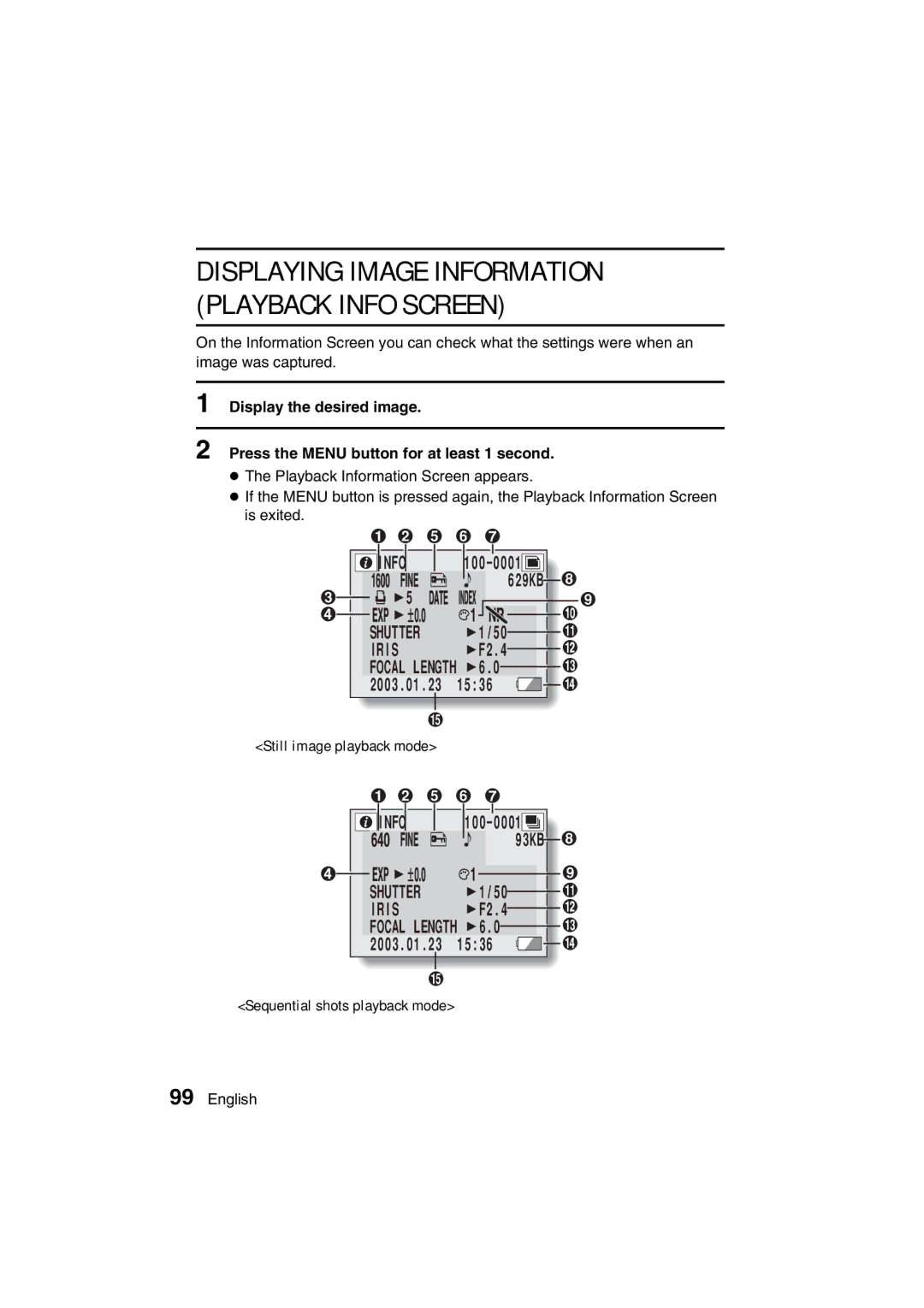 Sanyo VPC-AZ3 EX instruction manual Displaying Image Information Playback Info Screen 