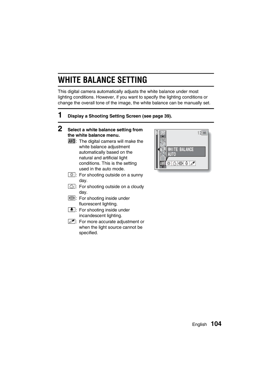 Sanyo VPC-AZ3 EX instruction manual White Balance Setting, Auto 