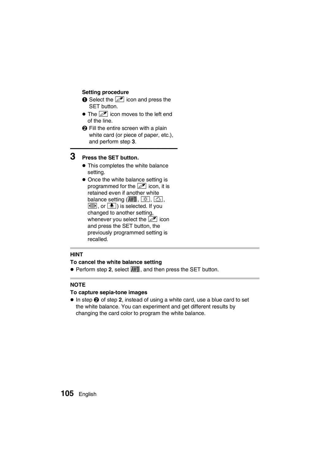 Sanyo VPC-AZ3 EX instruction manual Setting procedure, To cancel the white balance setting, To capture sepia-tone images 