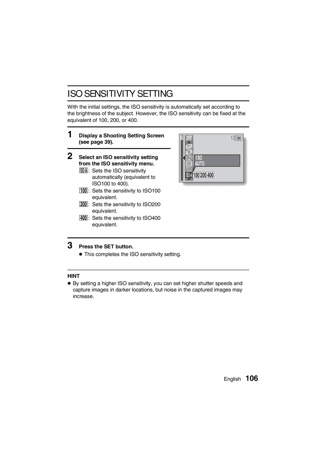 Sanyo VPC-AZ3 EX instruction manual ISO Sensitivity Setting, Iso 