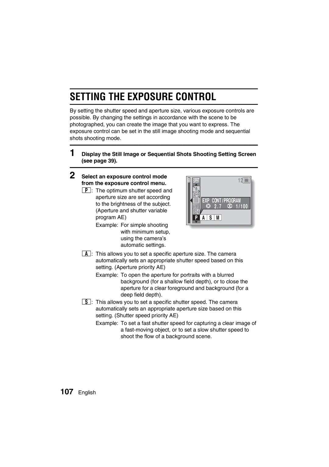 Sanyo VPC-AZ3 EX instruction manual Setting the Exposure Control 