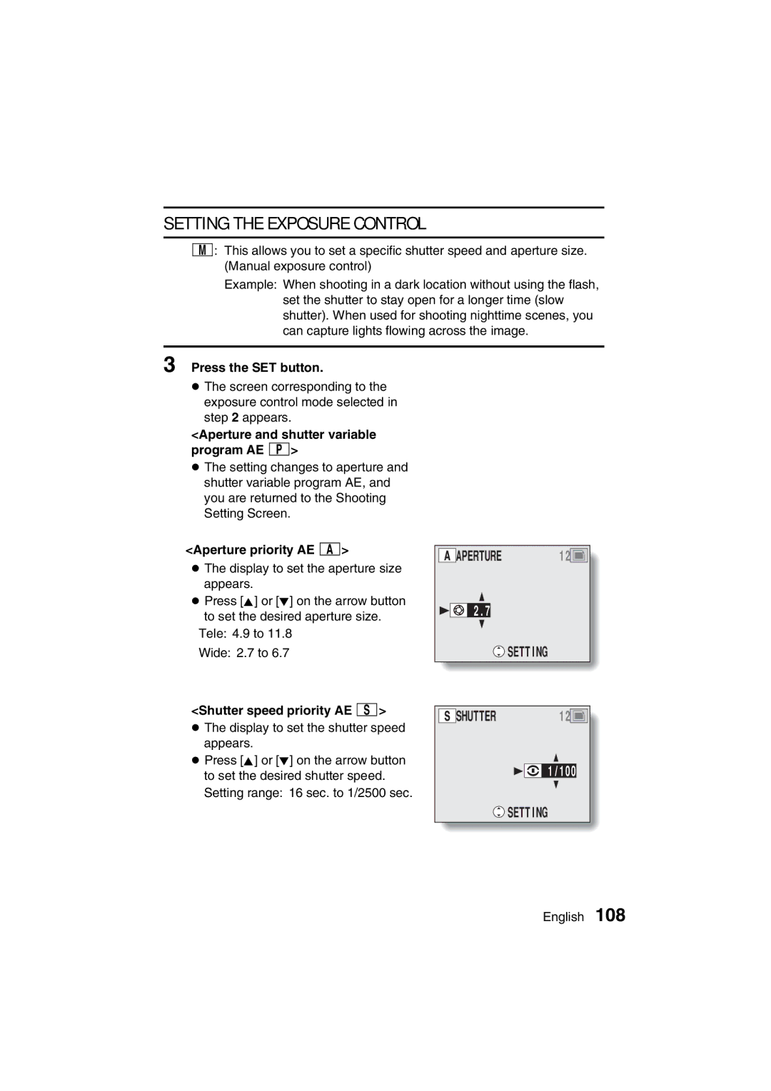 Sanyo VPC-AZ3 EX Setting the Exposure Control, Aperture and shutter variable program AE Ï, Aperture priority AE Î 