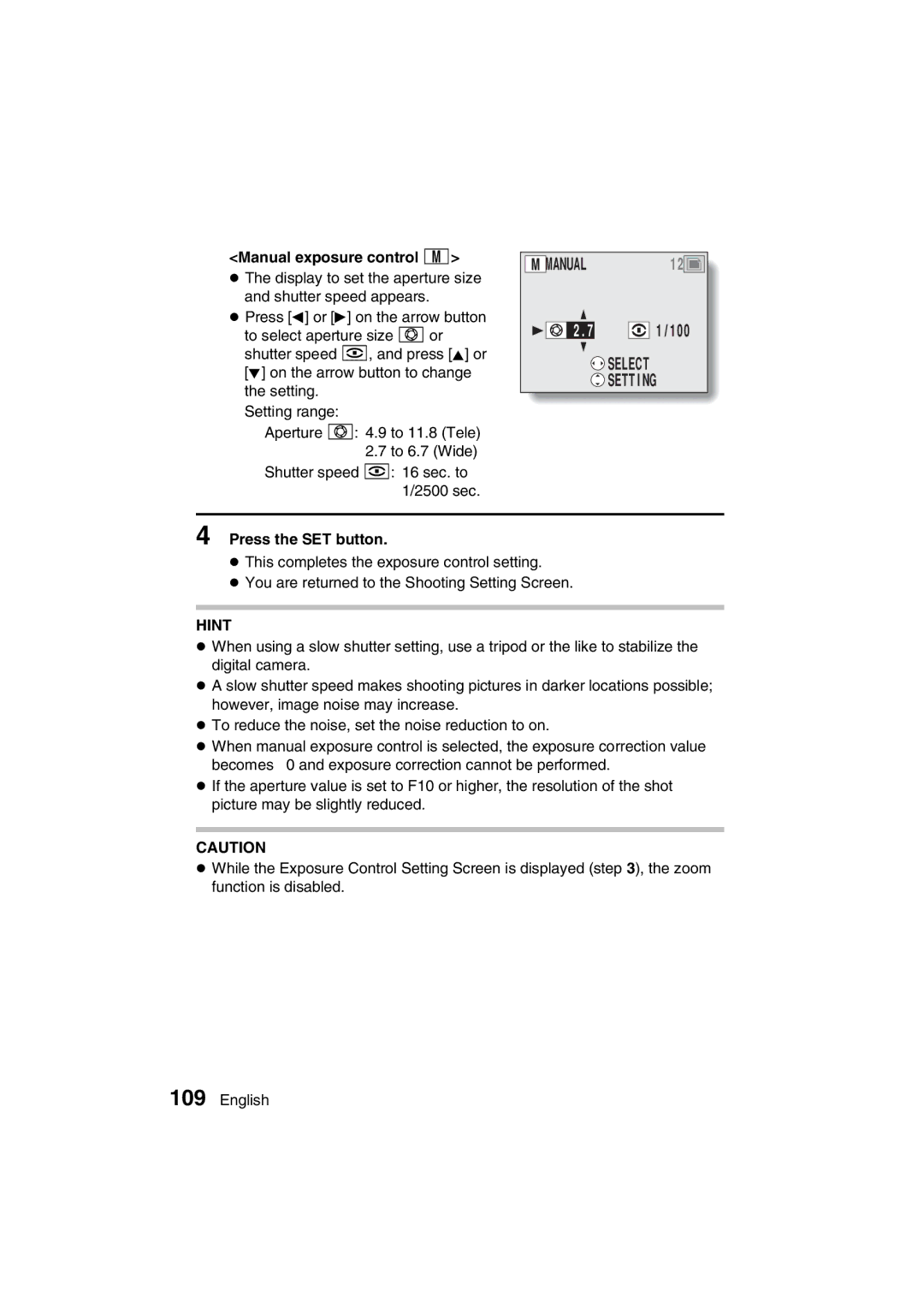 Sanyo VPC-AZ3 EX instruction manual Select Setting, Manual exposure control Í 