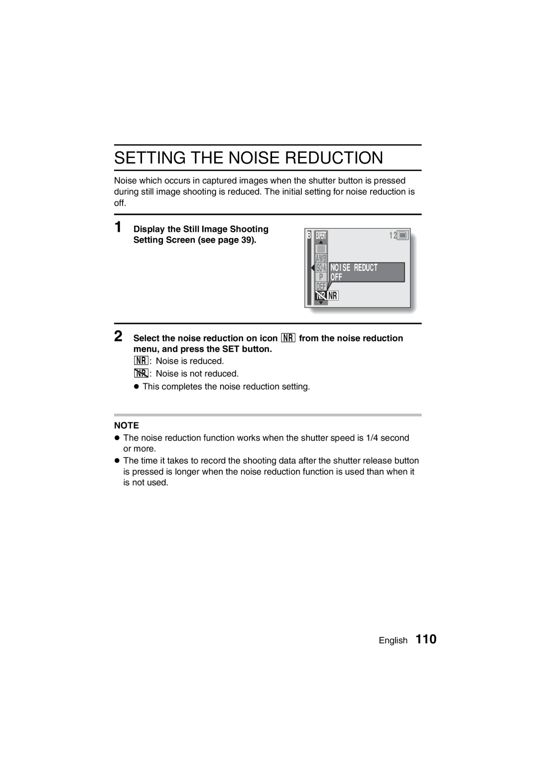 Sanyo VPC-AZ3 EX instruction manual Setting the Noise Reduction, Display the Still Image Shooting Setting Screen see 