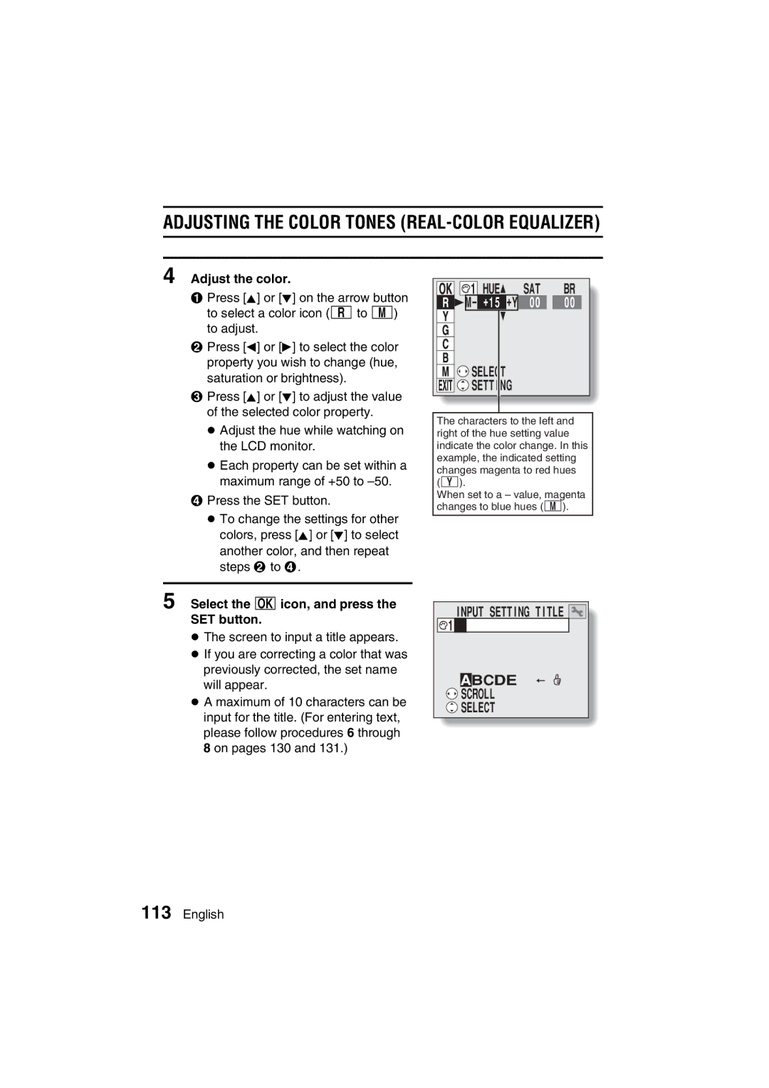 Sanyo VPC-AZ3 EX instruction manual Abcde Scroll Select, Adjust the color, Select the ùicon, and press SET button 