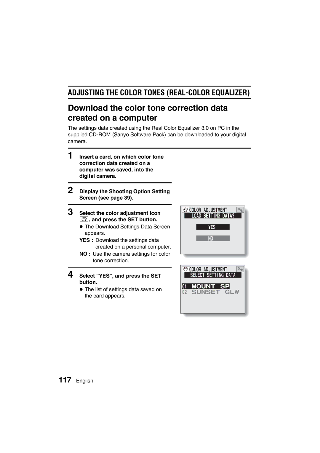 Sanyo VPC-AZ3 EX instruction manual Color Adjustment, Load Setting DATA? YES, Select Setting Data Mount SP 