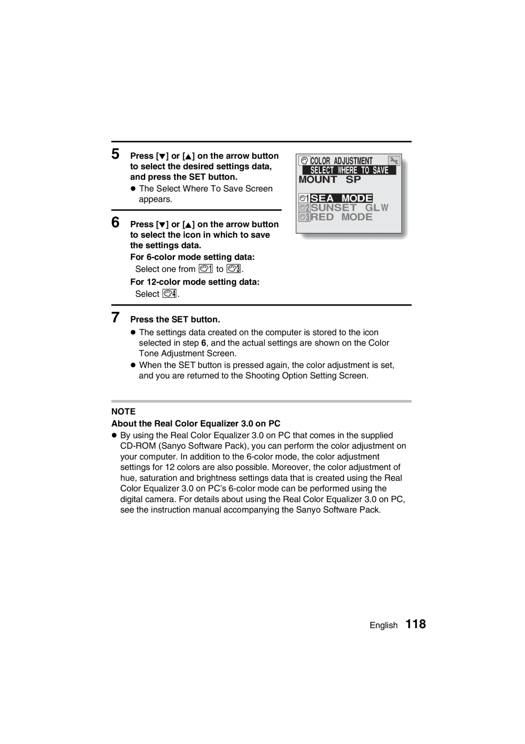 Sanyo VPC-AZ3 EX instruction manual Select Where to Save Mount SP SEA Mode, About the Real Color Equalizer 3.0 on PC 