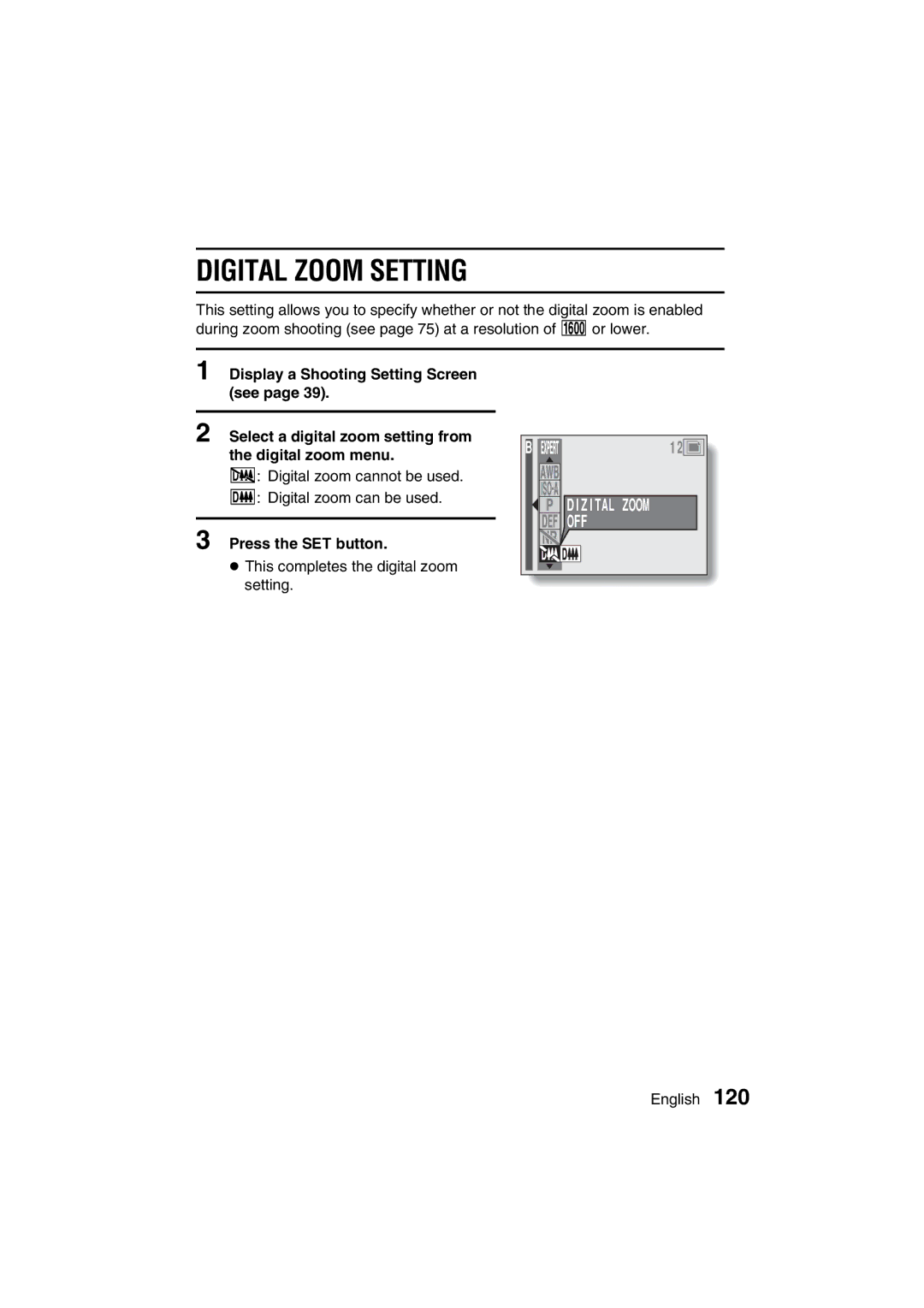 Sanyo VPC-AZ3 EX instruction manual Digital Zoom Setting, Off 