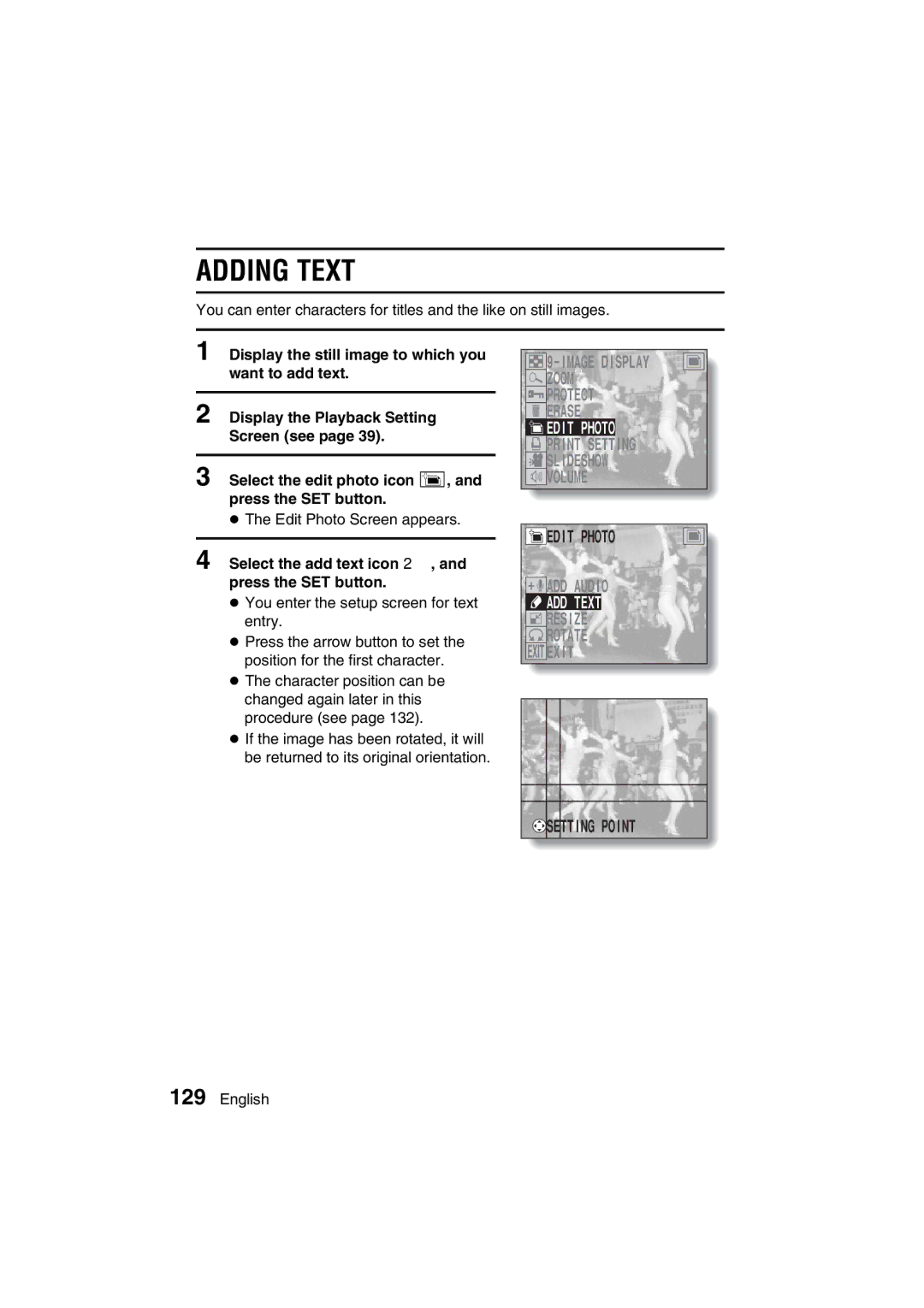 Sanyo VPC-AZ3 EX instruction manual Adding Text, Setting Point, Select the add text icon 2, and press the SET button 