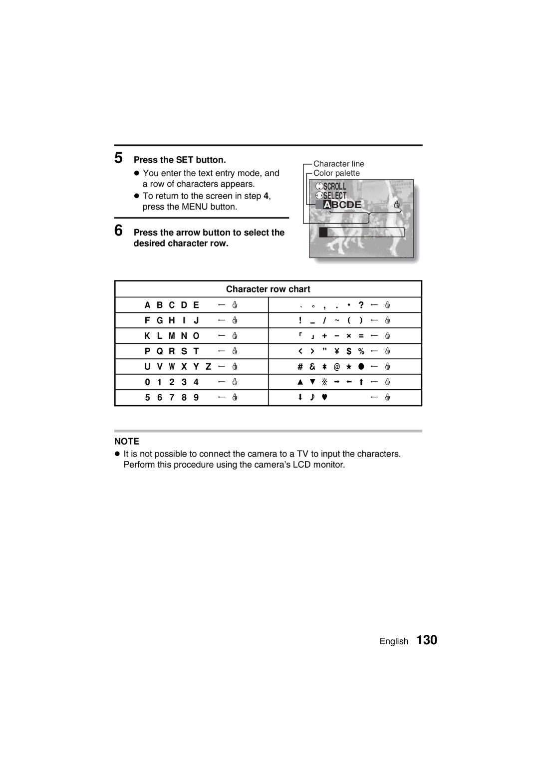 Sanyo VPC-AZ3 EX Scroll Select Abcde, Press the arrow button to select the desired character row, Character row chart 