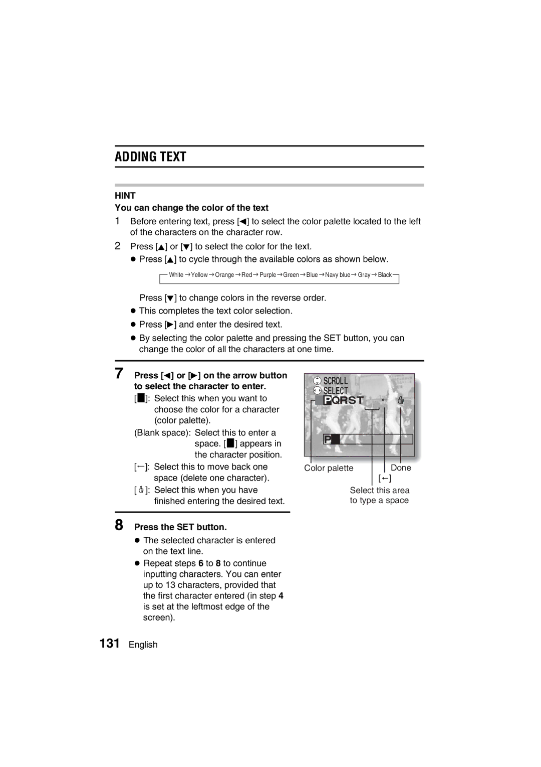 Sanyo VPC-AZ3 EX instruction manual Adding Text, Scroll Select Pqrst, You can change the color of the text 