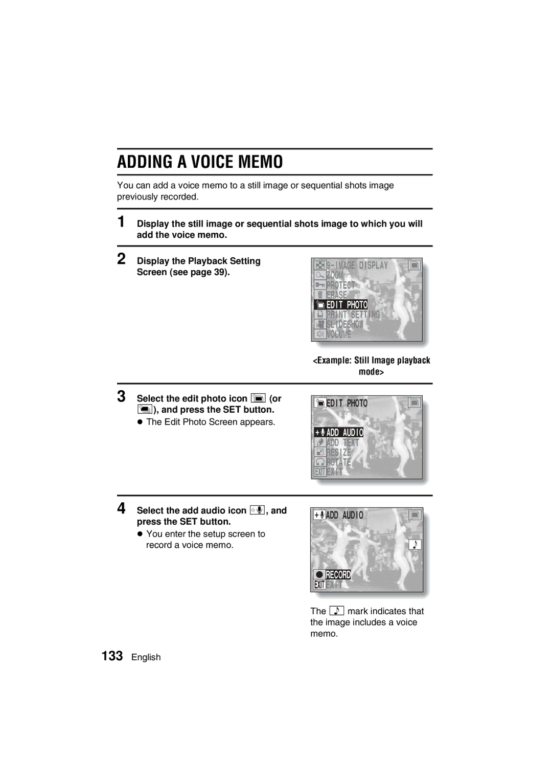 Sanyo VPC-AZ3 EX instruction manual Adding a Voice Memo, Select the add audio icon p, and press the SET button 