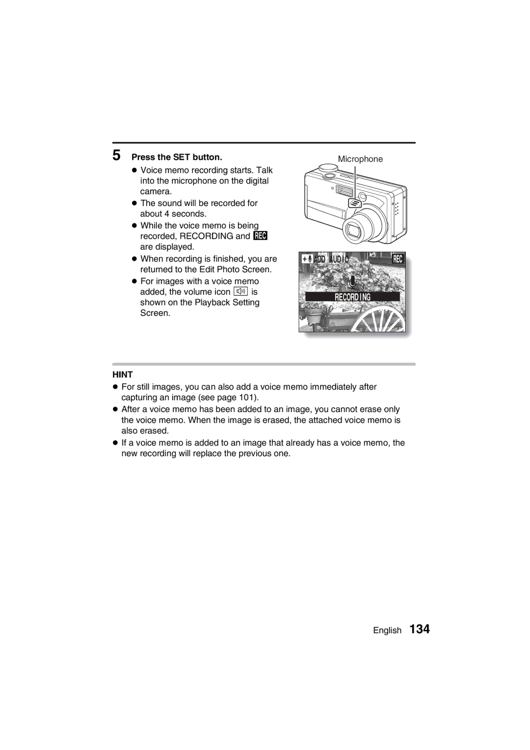 Sanyo VPC-AZ3 EX instruction manual ADD Audio, Recording 