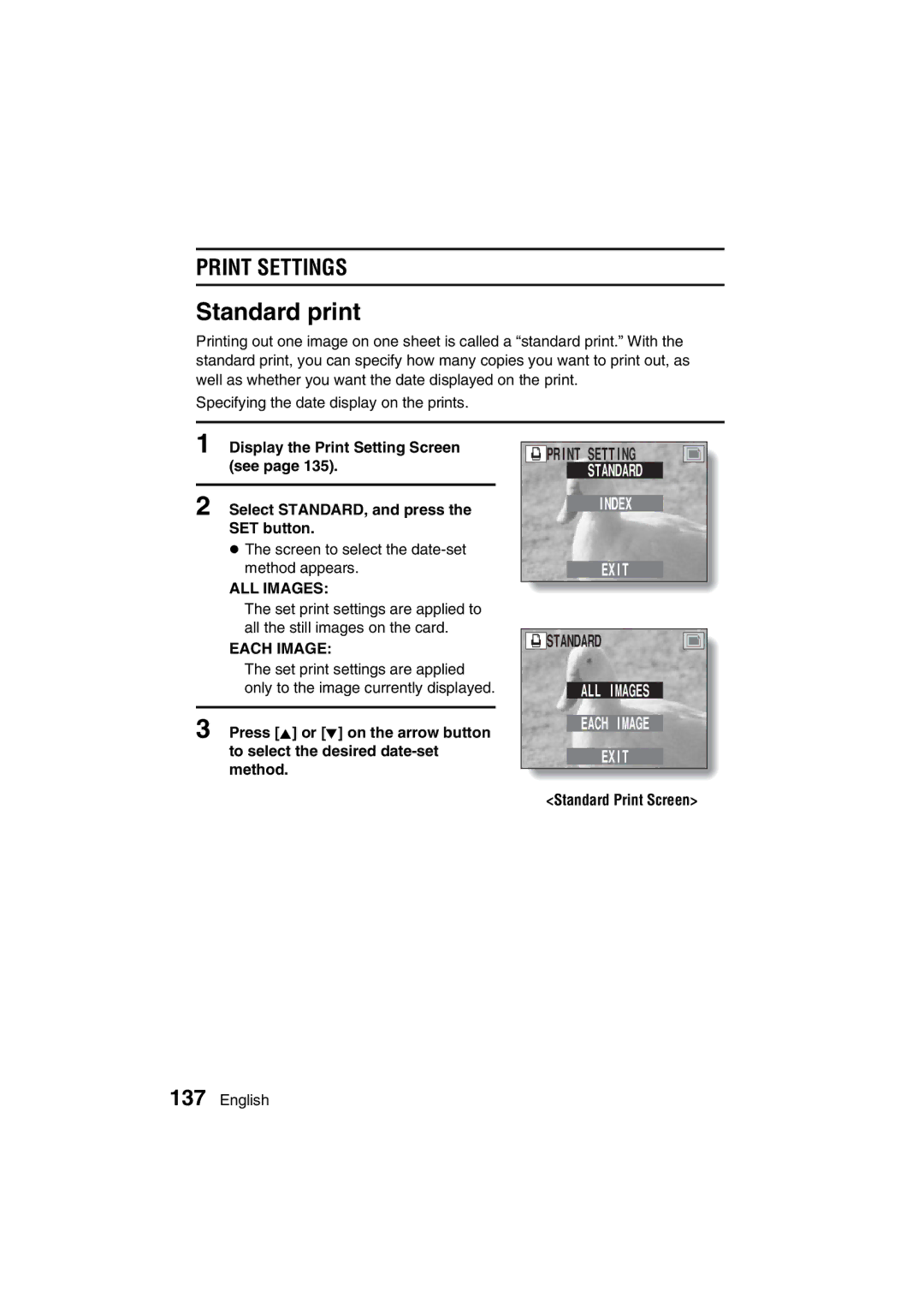 Sanyo VPC-AZ3 EX instruction manual Standard print, Print Settings 