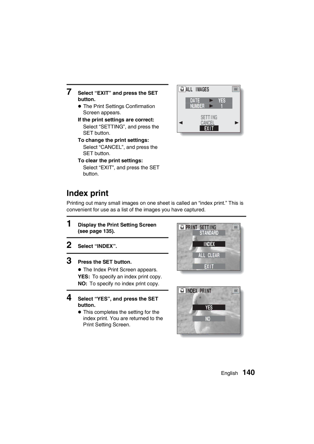 Sanyo VPC-AZ3 EX instruction manual Index print, Select Exit and press the SET button, If the print settings are correct 