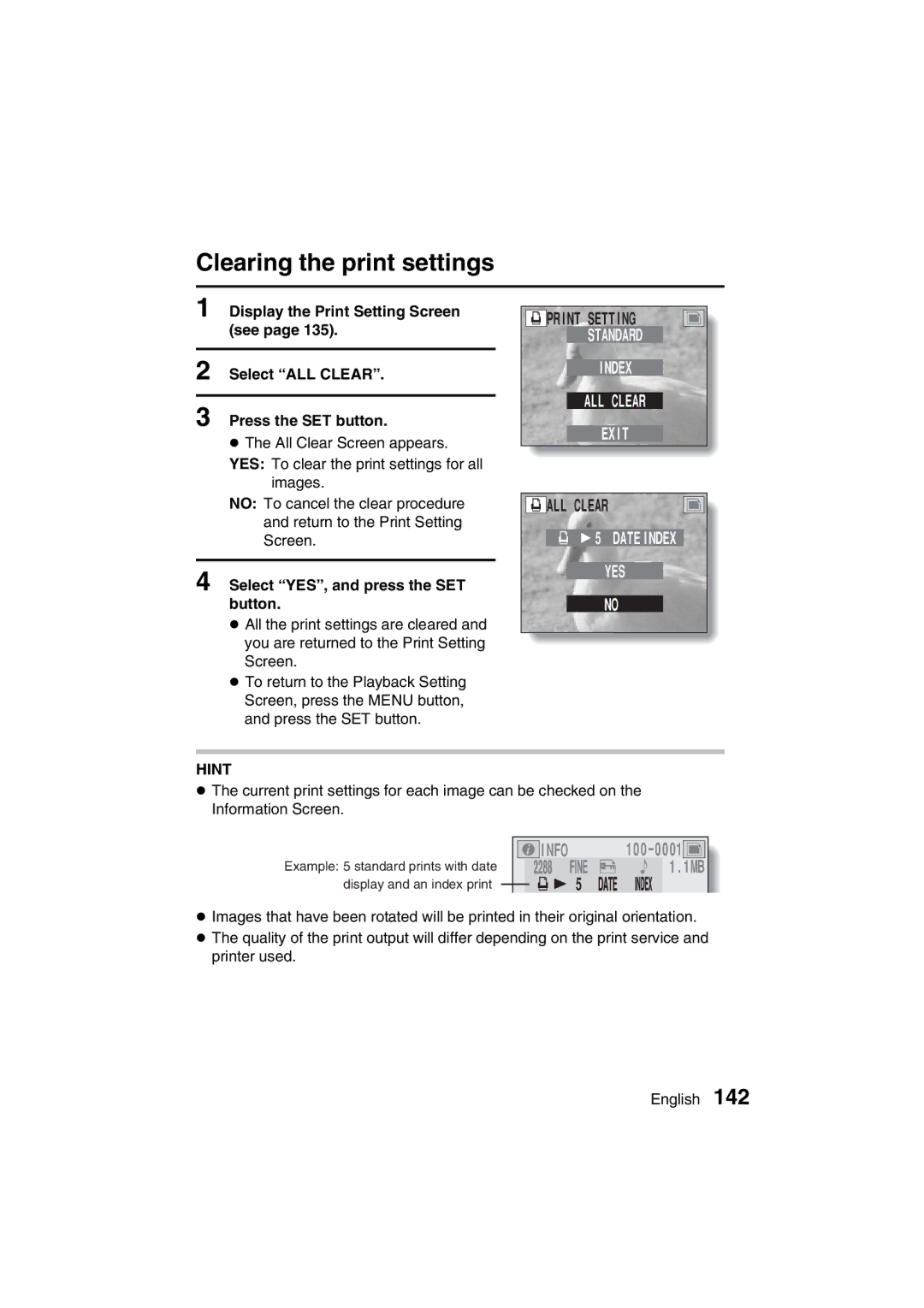 Sanyo VPC-AZ3 EX instruction manual Clearing the print settings, ALL Clear 