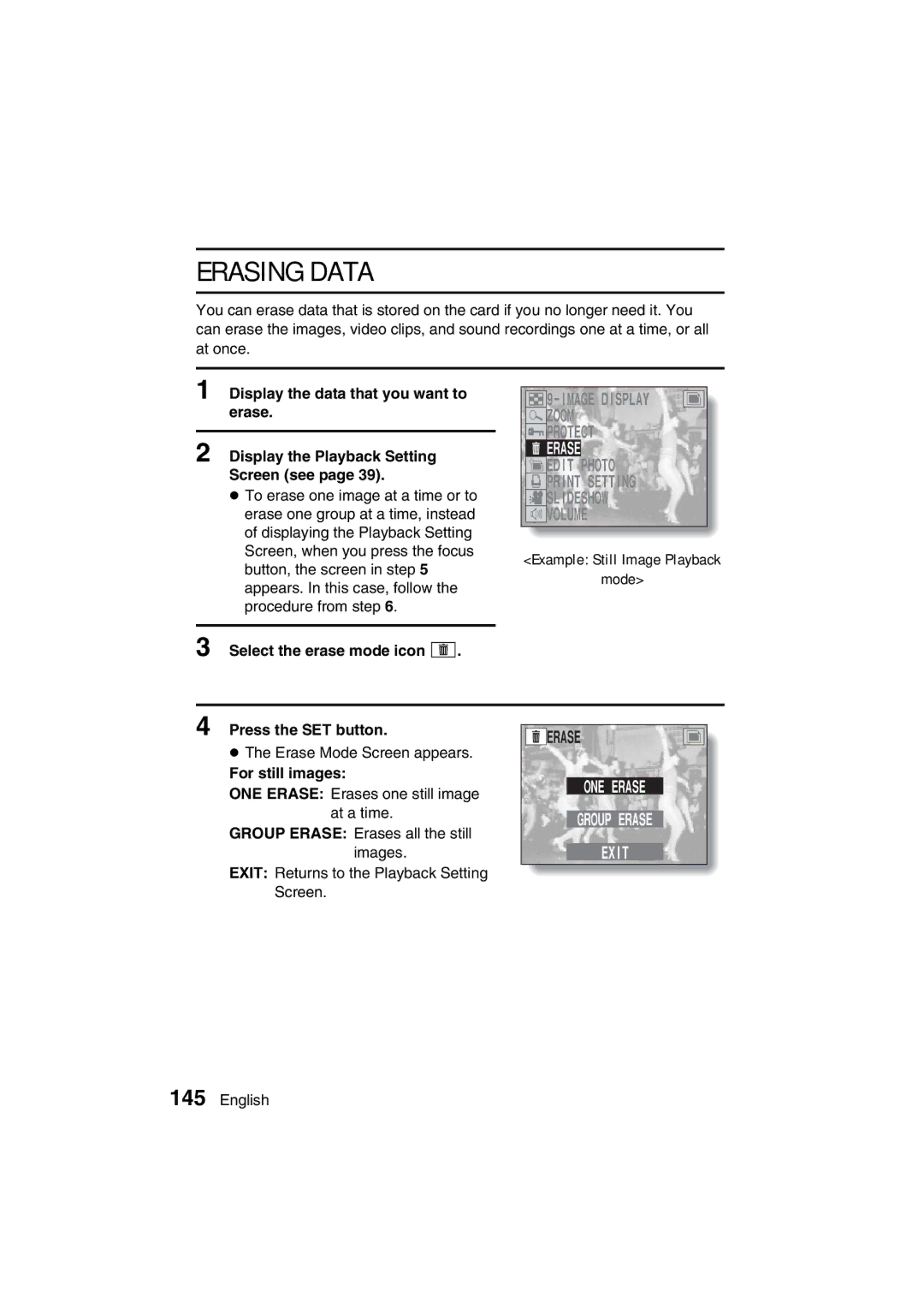 Sanyo VPC-AZ3 EX Erasing Data, Erase, Select the erase mode icon q, Example Still Image Playback Mode Press the SET button 