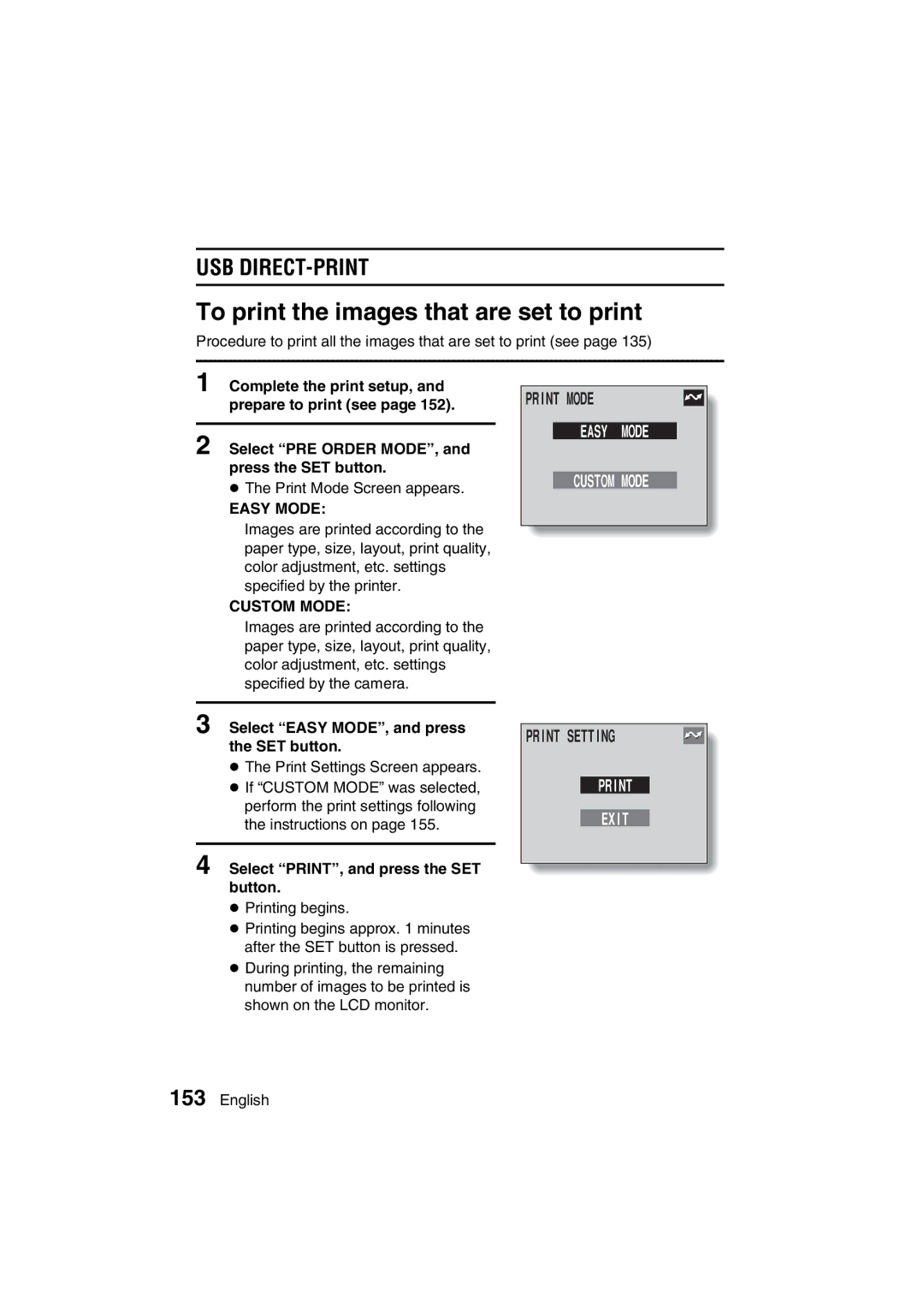 Sanyo VPC-AZ3 EX instruction manual To print the images that are set to print, Usb Direct-Print, Print Setting, Print Exit 