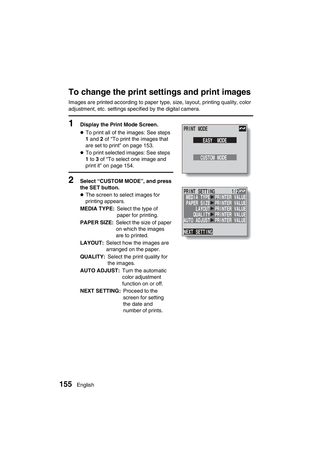 Sanyo VPC-AZ3 EX To change the print settings and print images, Next Setting, Display the Print Mode Screen 