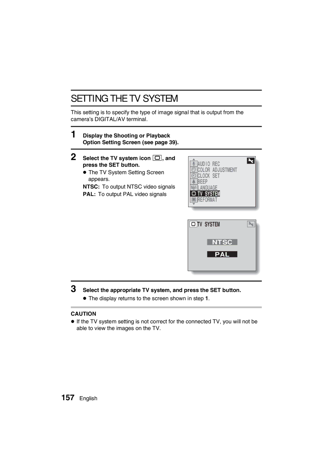 Sanyo VPC-AZ3 EX instruction manual Setting the TV System, Ntsc, Pal 