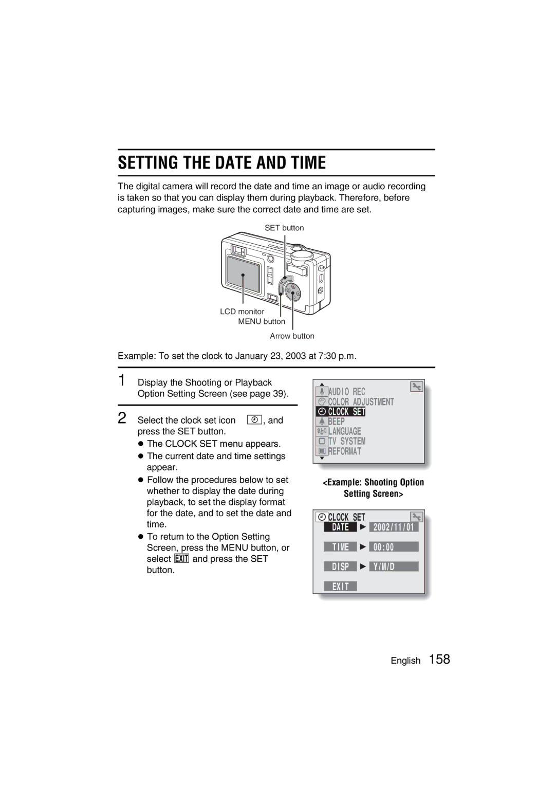 Sanyo VPC-AZ3 EX Setting the Date and Time, Clock SET, Example To set the clock to January 23, 2003 at 730 p.m 