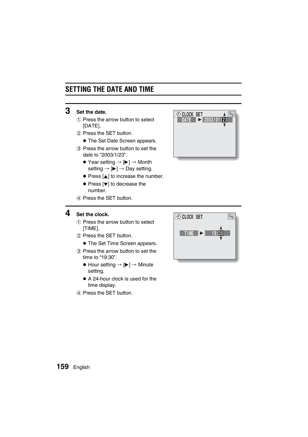 Sanyo VPC-AZ3 EX instruction manual Setting the Date and Time, Clock SET, Set the date, Set the clock 