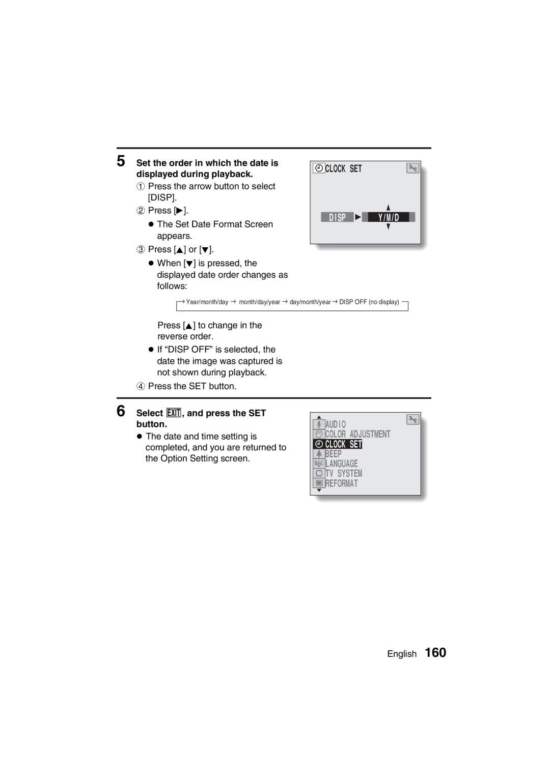 Sanyo VPC-AZ3 EX Set the order in which the date is displayed during playback, Select C, and press the SET button 