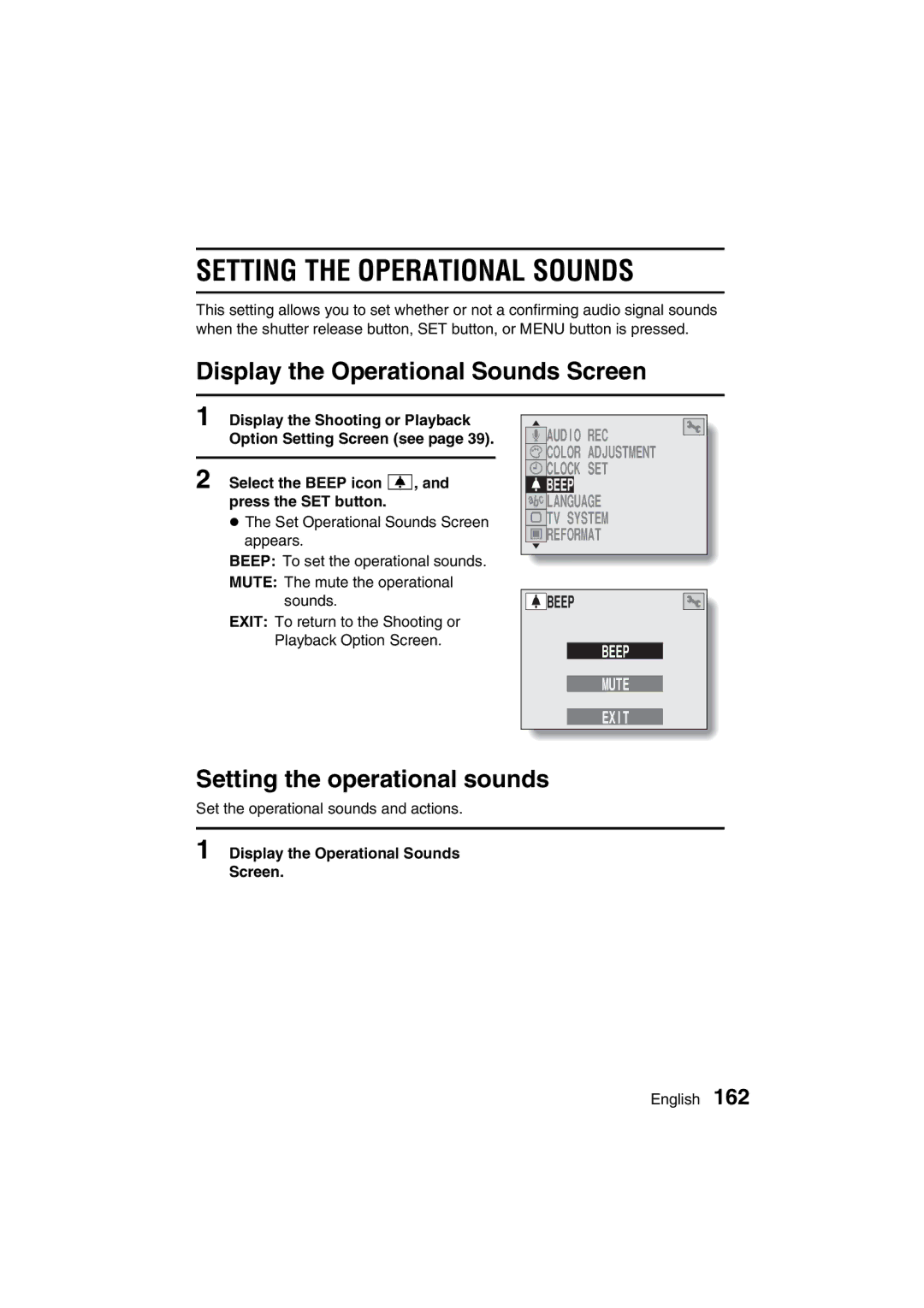 Sanyo VPC-AZ3 EX Setting the Operational Sounds, Display the Operational Sounds Screen, Setting the operational sounds 