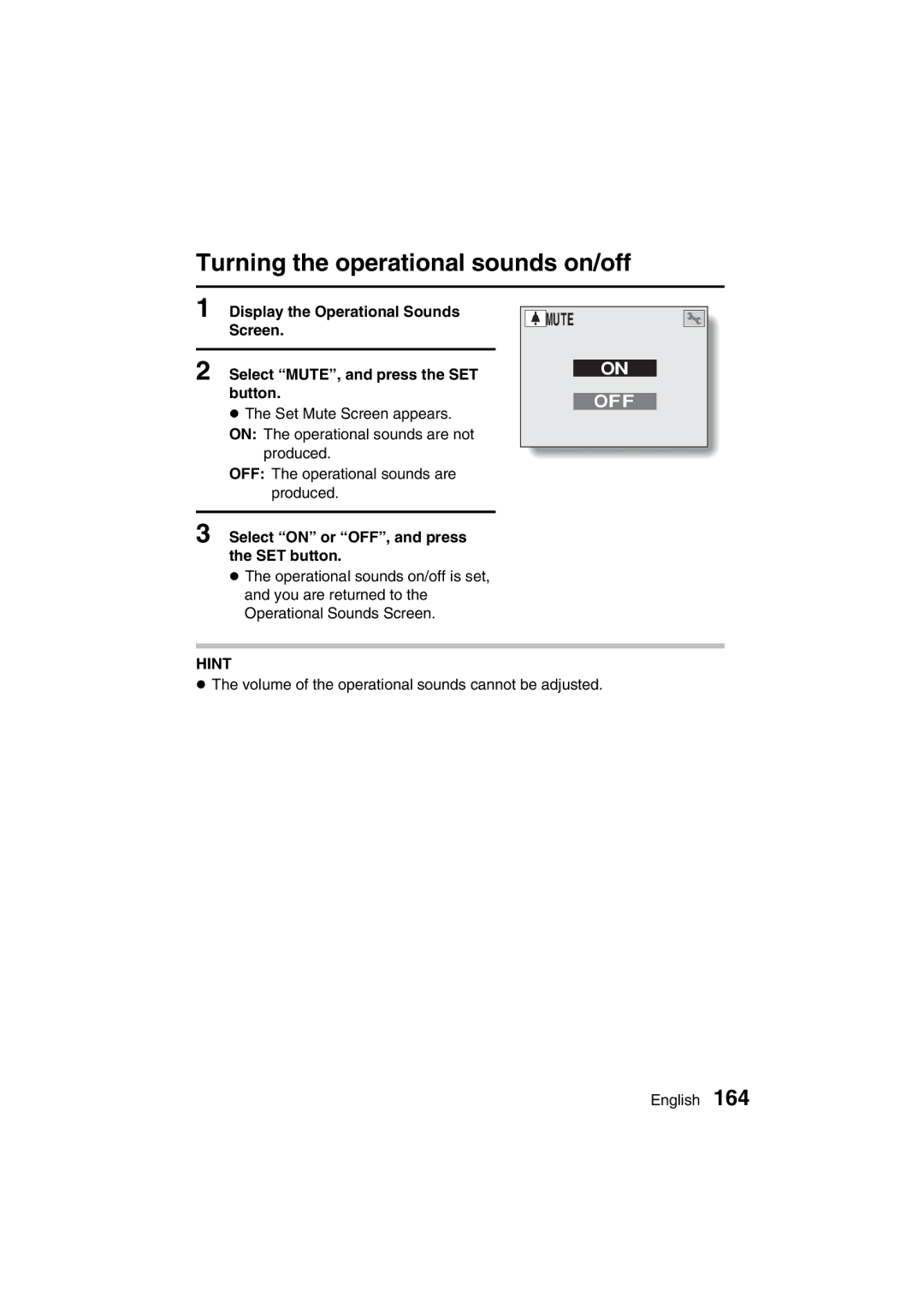 Sanyo VPC-AZ3 EX instruction manual Turning the operational sounds on/off, Mute, Select on or OFF, and press the SET button 