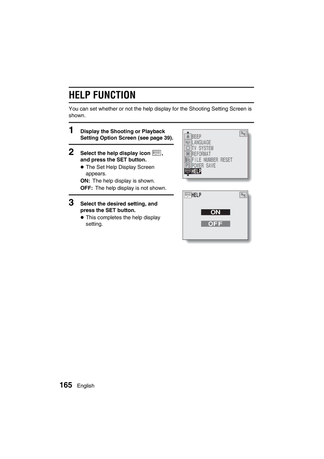 Sanyo VPC-AZ3 EX instruction manual Help Function, Select the help display icon ç, and press the SET button 