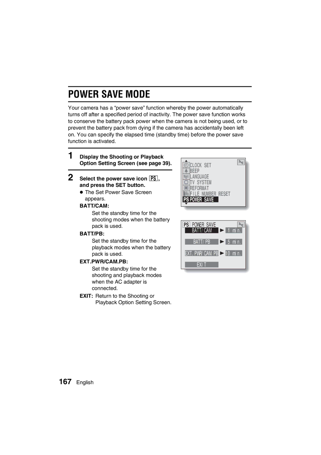 Sanyo VPC-AZ3 EX instruction manual Power Save Mode, Select the power save icon é, and press the SET button 