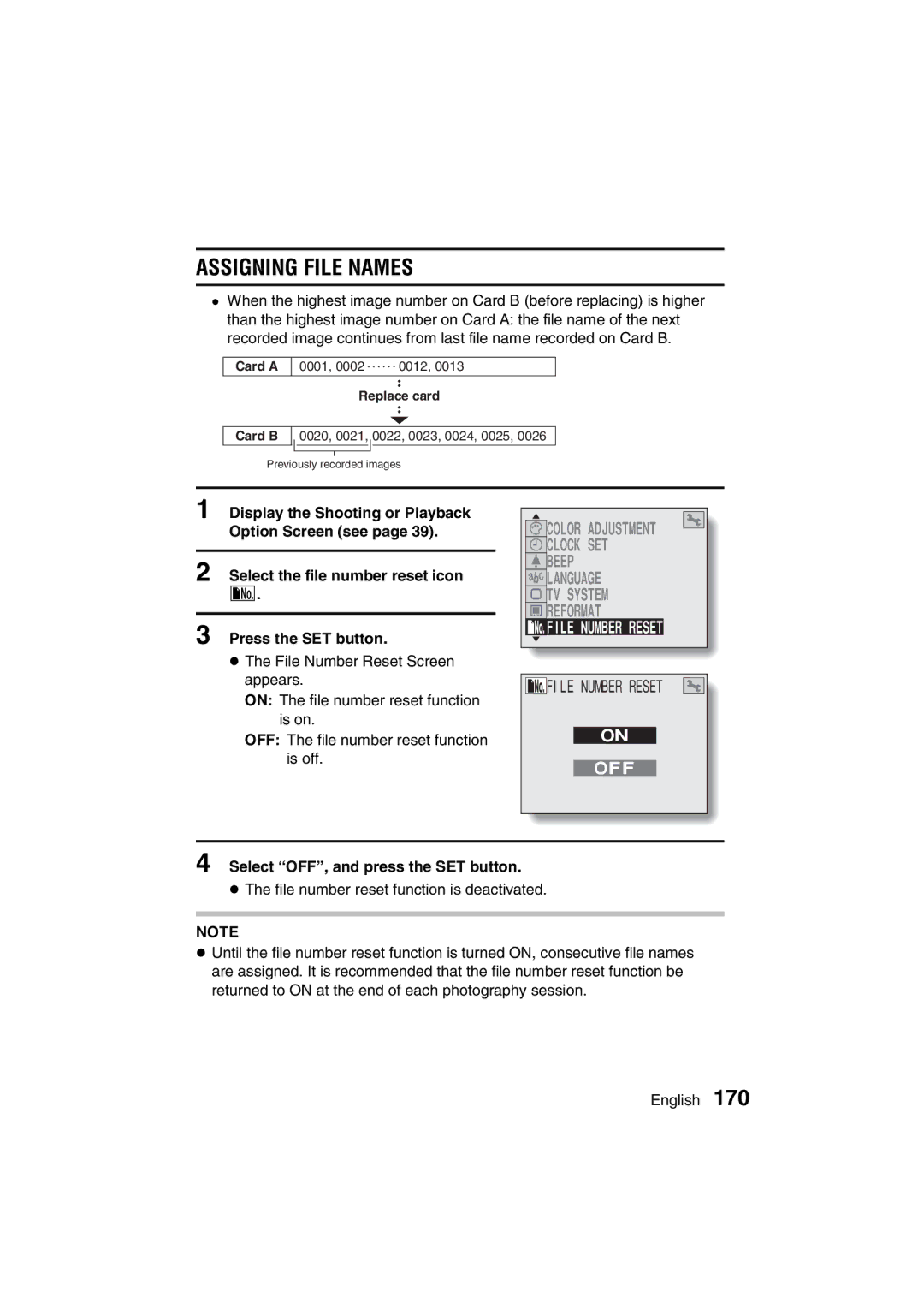 Sanyo VPC-AZ3 EX instruction manual Assigning File Names, Select OFF, and press the SET button 