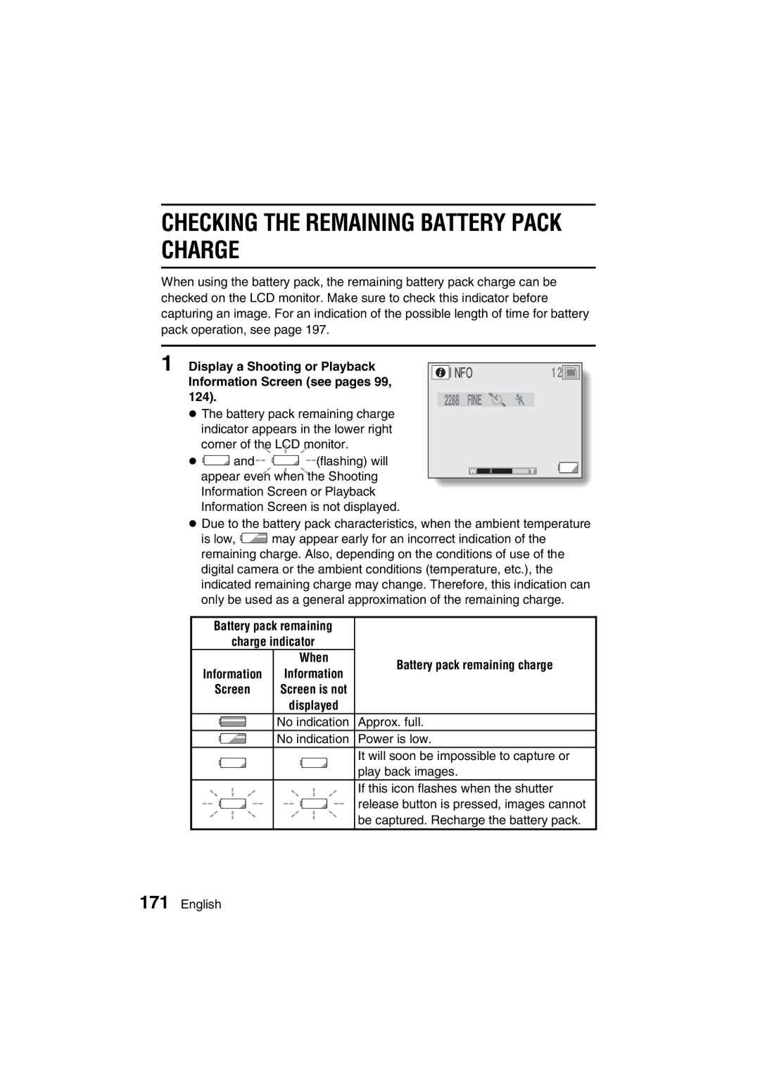 Sanyo VPC-AZ3 EX instruction manual Checking the Remaining Battery Pack Charge, Info 