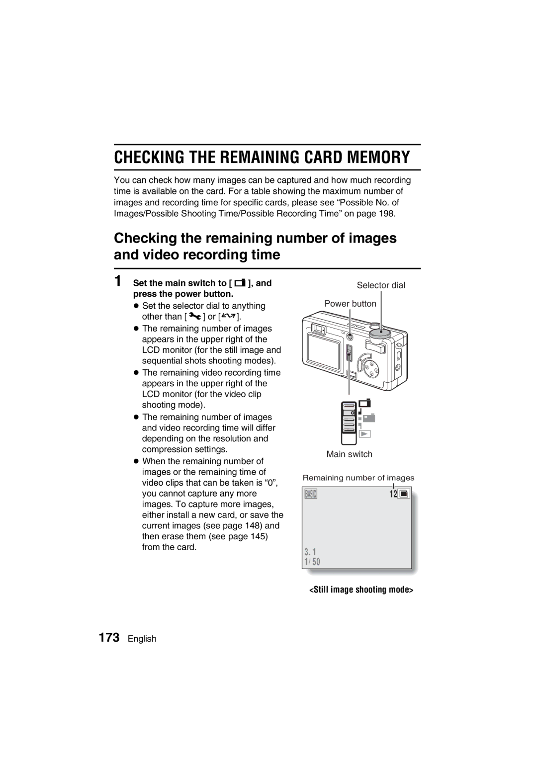 Sanyo VPC-AZ3 EX Checking the Remaining Card Memory, Set the main switch to á, and press the power button 