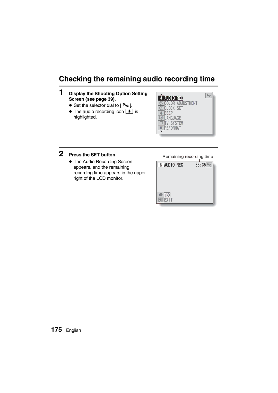 Sanyo VPC-AZ3 EX instruction manual Checking the remaining audio recording time, Clock SET Beep Language TV System Reformat 