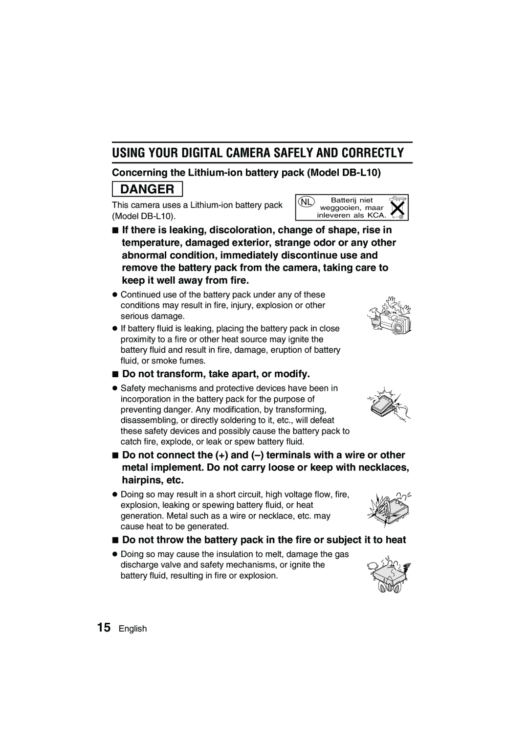 Sanyo VPC-AZ3 EX Concerning the Lithium-ion battery pack Model DB-L10, Do not transform, take apart, or modify 