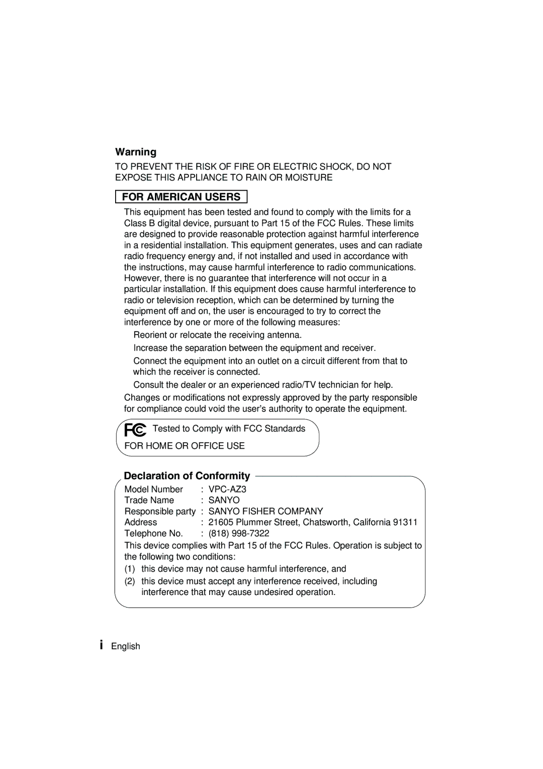 Sanyo VPC-AZ3 EX instruction manual For American Users, Declaration of Conformity 