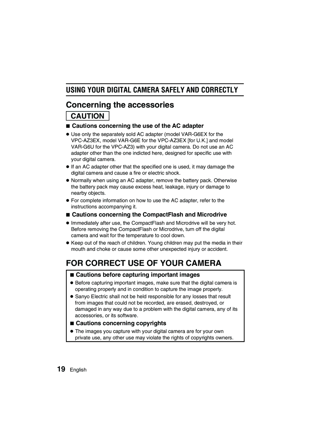 Sanyo VPC-AZ3 EX instruction manual Concerning the accessories, For Correct USE of Your Camera 