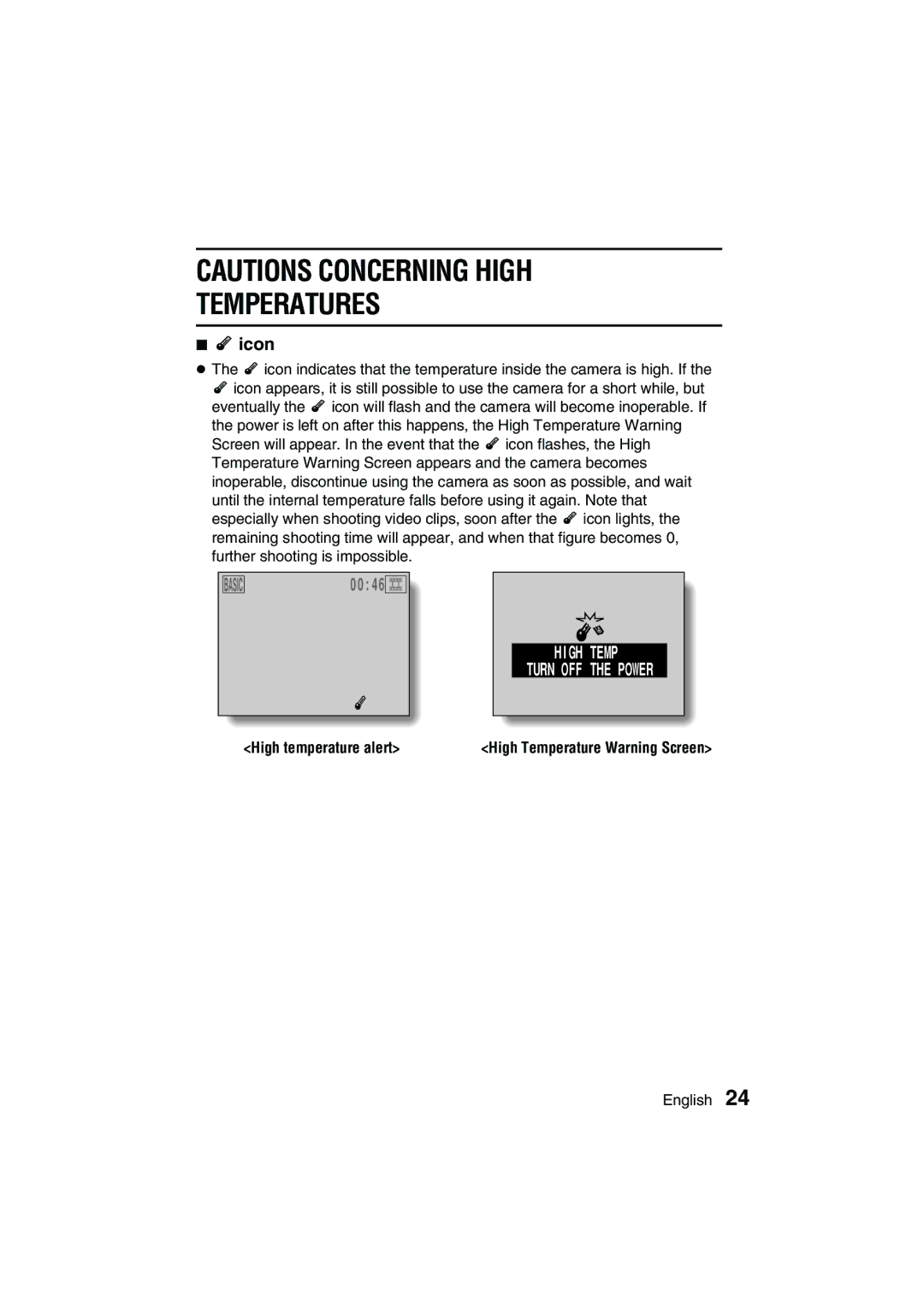 Sanyo VPC-AZ3 EX instruction manual Temperatures, Sicon, High Temperature Warning Screen 