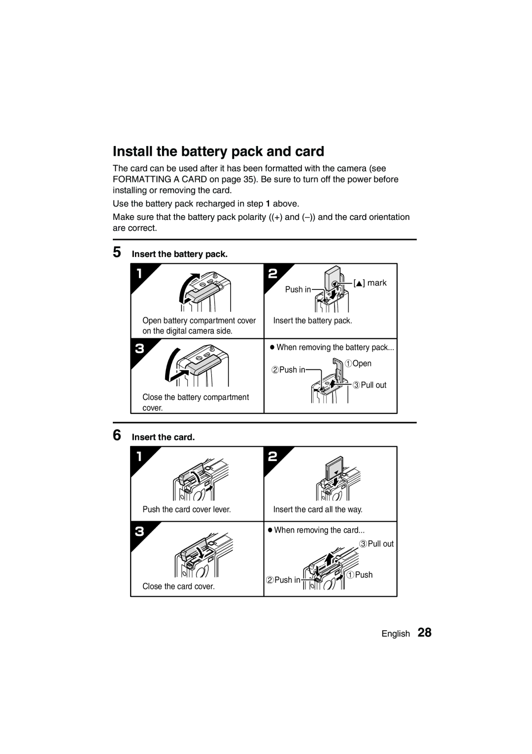 Sanyo VPC-AZ3 EX instruction manual Install the battery pack and card, Insert the battery pack, Insert the card 