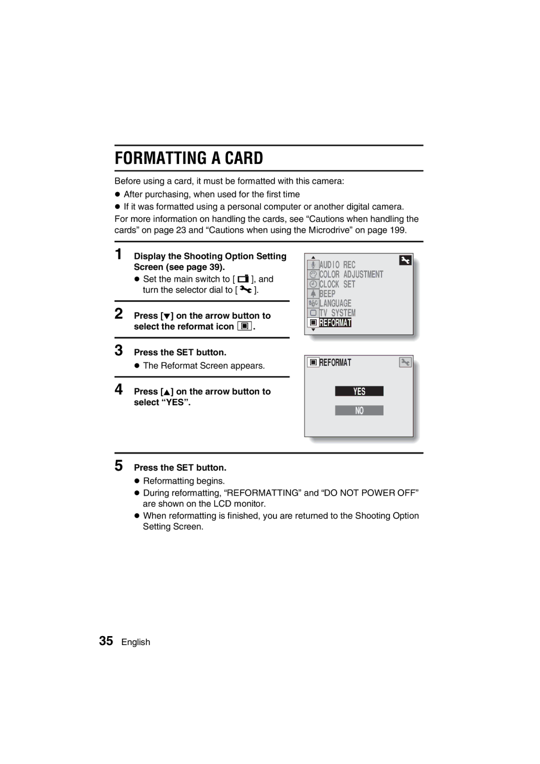 Sanyo VPC-AZ3 EX instruction manual Formatting a Card, Reformat, Display the Shooting Option Setting Screen see 