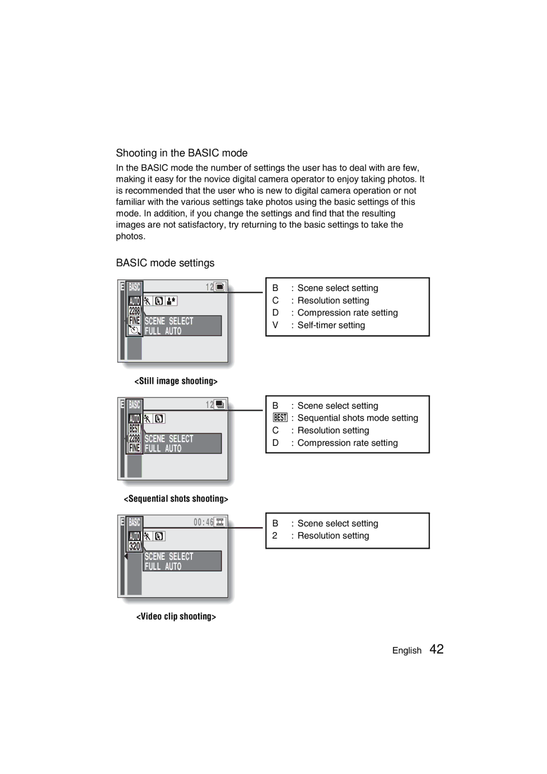 Sanyo VPC-AZ3 EX instruction manual Shooting in the Basic mode, Basic mode settings, Scene Select 