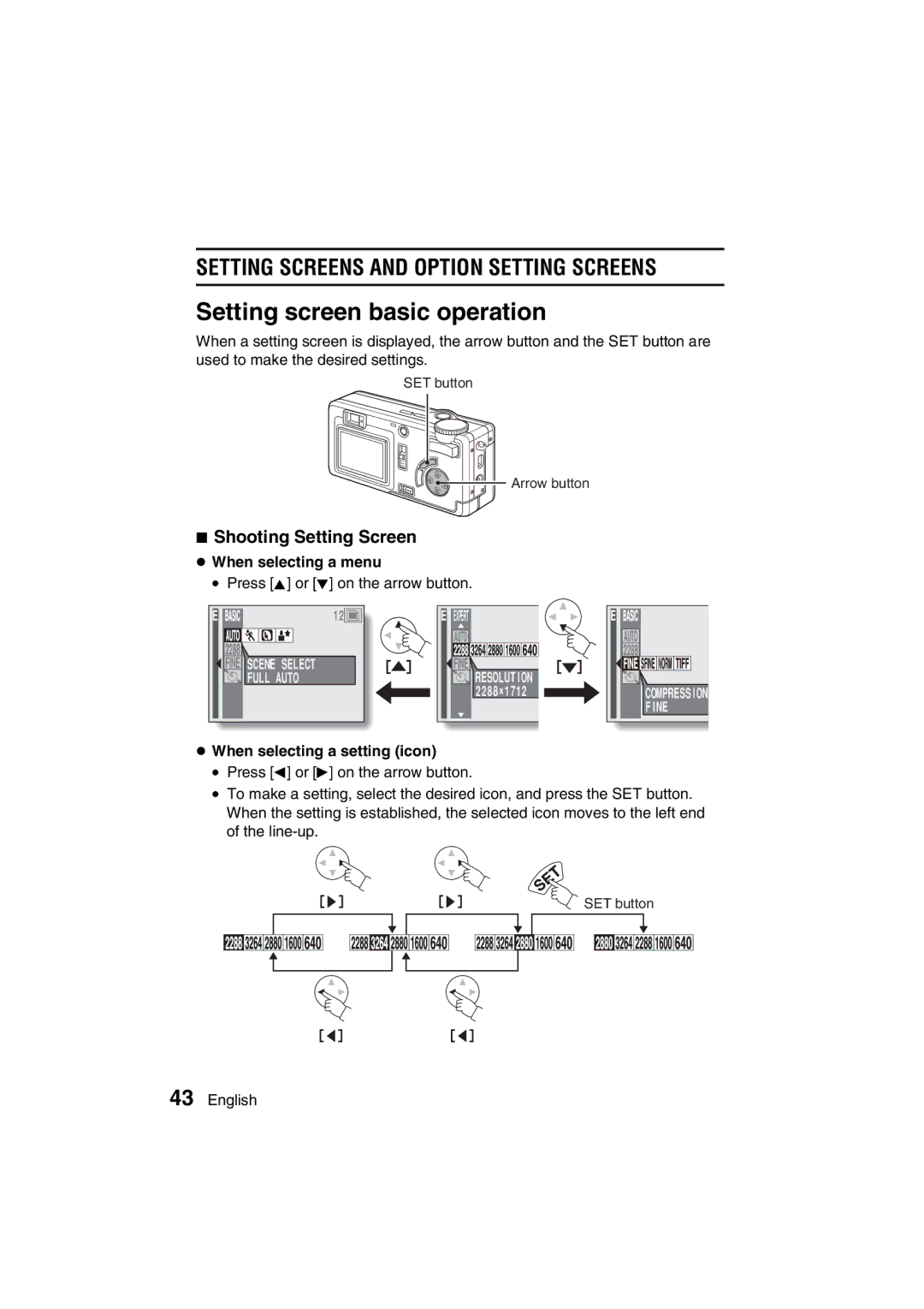 Sanyo VPC-AZ3 EX instruction manual Setting screen basic operation, Shooting Setting Screen, When selecting a menu 