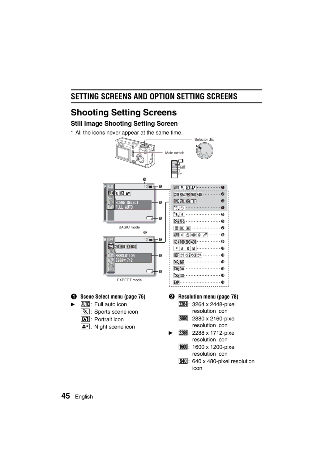 Sanyo VPC-AZ3 EX instruction manual Shooting Setting Screens, Still Image Shooting Setting Screen, Resolution menu 